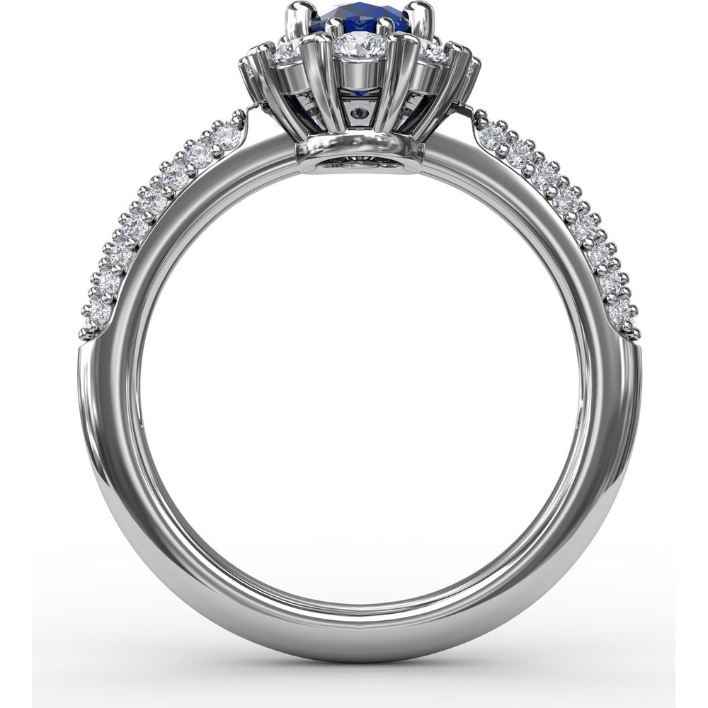 Blossoming Halo Ring with Oval Sapphire, Micropavé Diamonds and Heart Shaped Prongs by Fana - 1.92 Carat Total Gemstone Weight