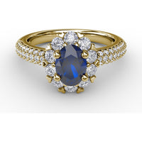 Blossoming Halo Ring with Oval Sapphire, Micropavé Diamonds and Heart Shaped Prongs by Fana - 1.92 Carat Total Gemstone Weight
