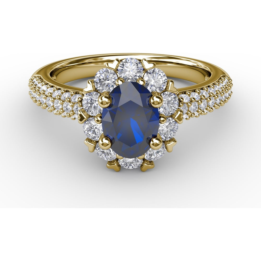 Blossoming Halo Ring with Oval Sapphire, Micropavé Diamonds and Heart Shaped Prongs by Fana - 1.92 Carat Total Gemstone Weight