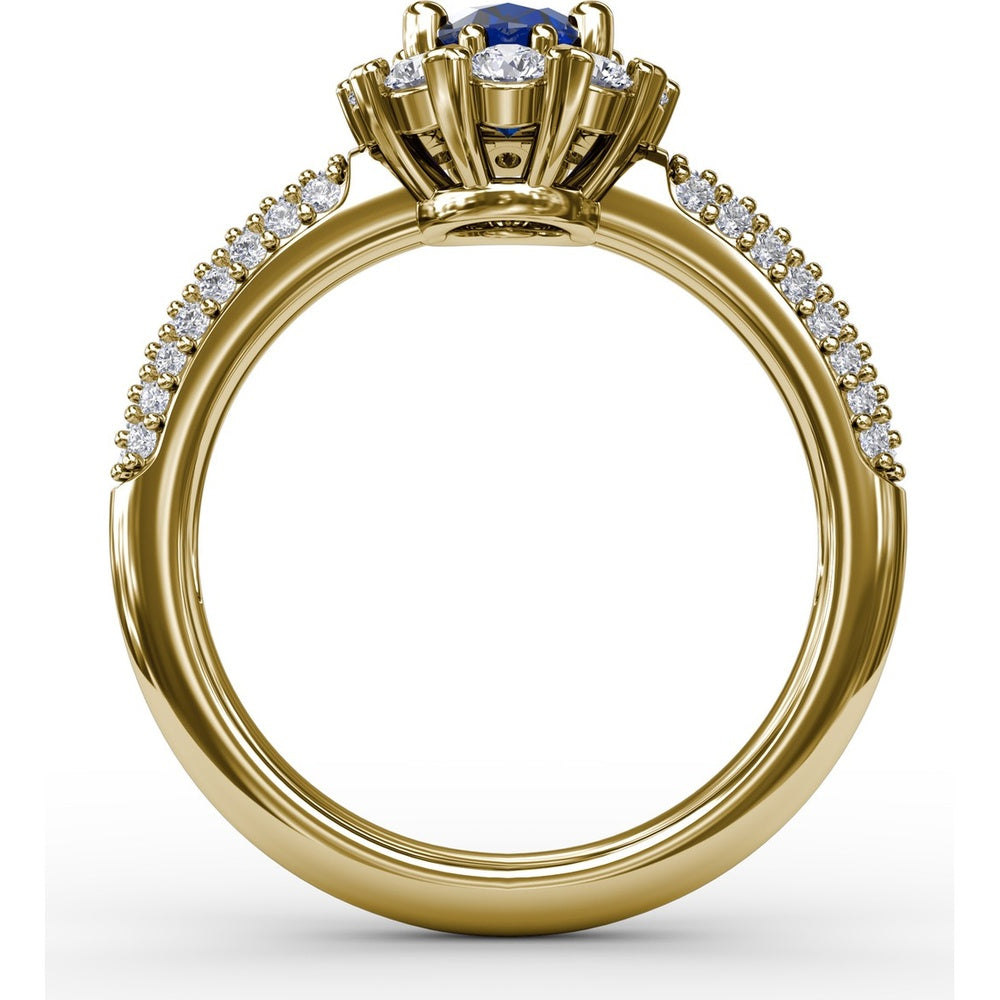Blossoming Halo Ring with Oval Sapphire, Micropavé Diamonds and Heart Shaped Prongs by Fana - 1.92 Carat Total Gemstone Weight