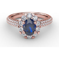 Blossoming Halo Ring with Oval Sapphire, Micropavé Diamonds and Heart Shaped Prongs by Fana - 1.92 Carat Total Gemstone Weight