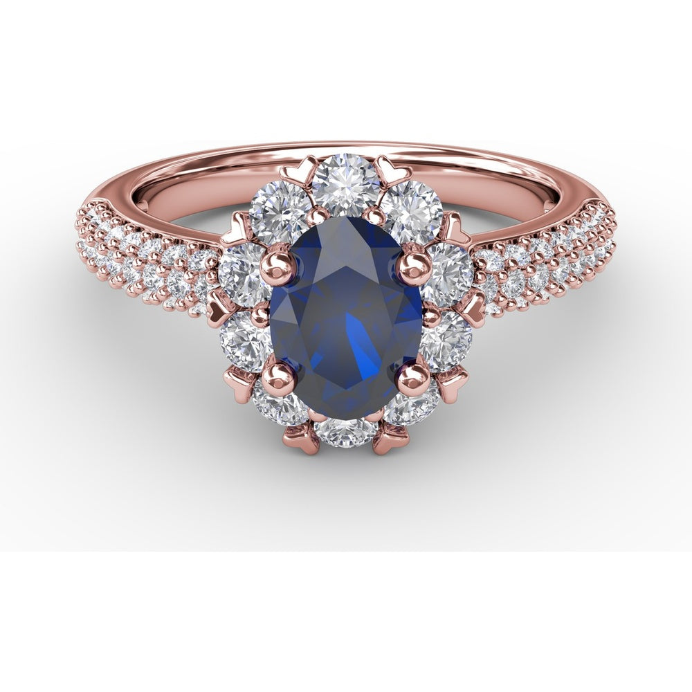Blossoming Halo Ring with Oval Sapphire, Micropavé Diamonds and Heart Shaped Prongs by Fana - 1.92 Carat Total Gemstone Weight