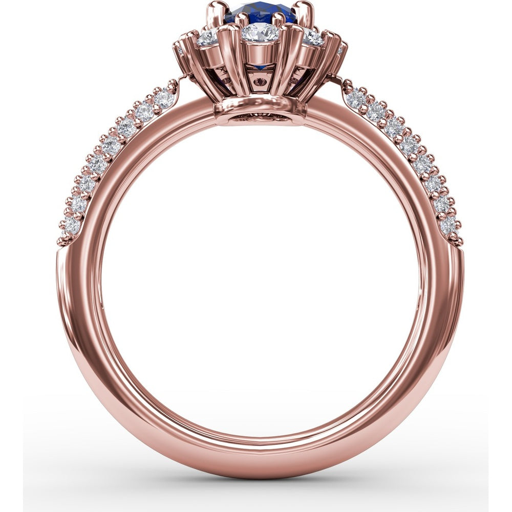 Blossoming Halo Ring with Oval Sapphire, Micropavé Diamonds and Heart Shaped Prongs by Fana - 1.92 Carat Total Gemstone Weight
