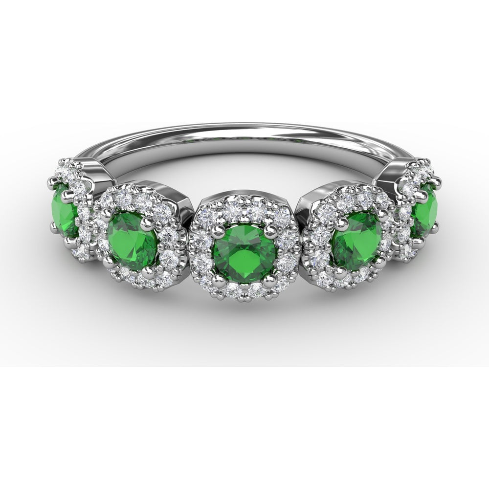 Blossoming Love Ring with Round Emeralds and Diamond Halos by Fana - 0.85 Carat Total Gemstone Weight