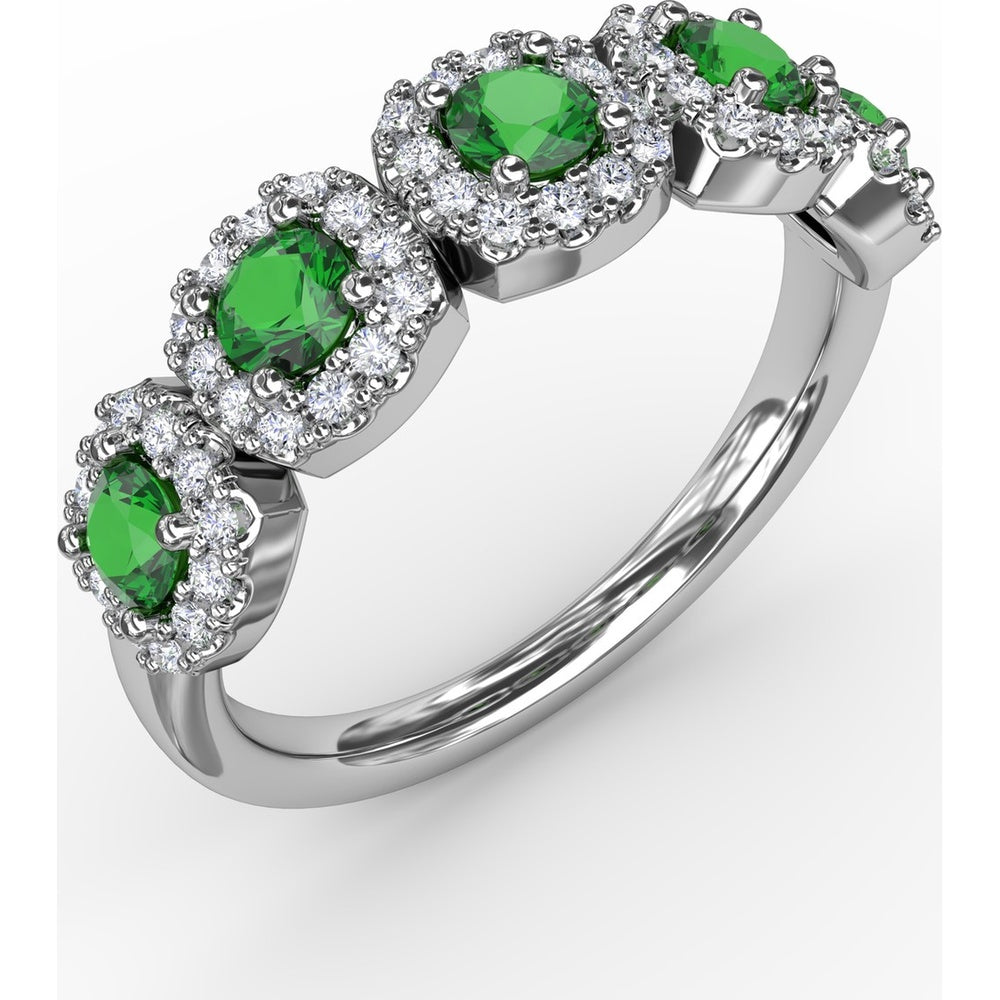 Blossoming Love Ring with Round Emeralds and Diamond Halos by Fana - 0.85 Carat Total Gemstone Weight