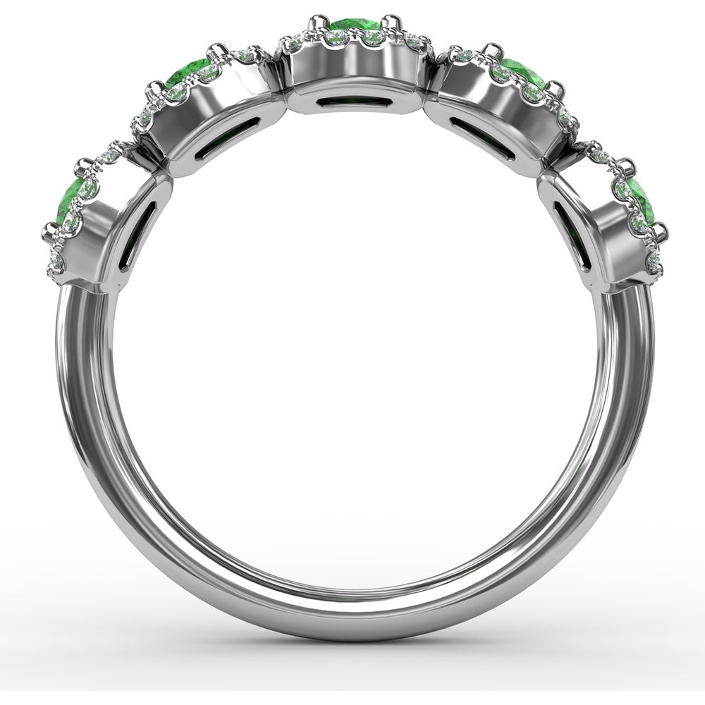 Blossoming Love Ring with Round Emeralds and Diamond Halos by Fana - 0.85 Carat Total Gemstone Weight