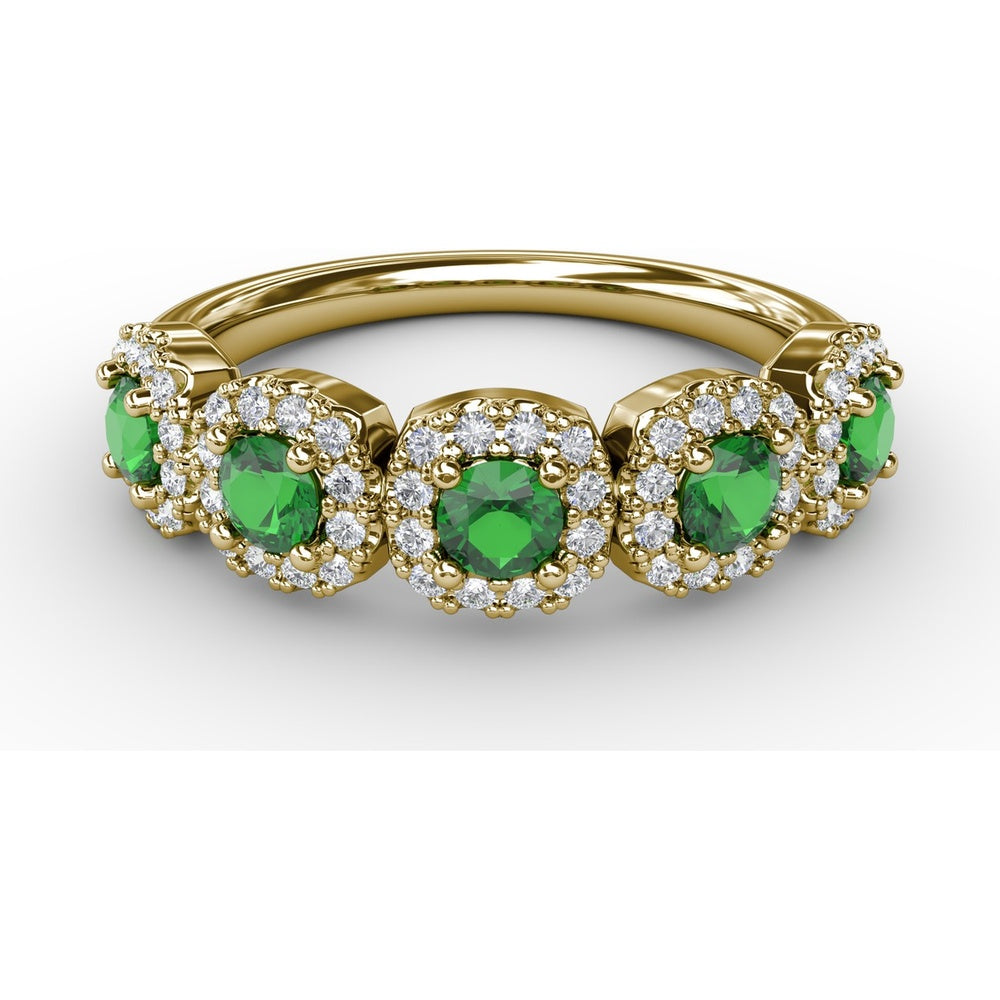 Blossoming Love Ring with Round Emeralds and Diamond Halos by Fana - 0.85 Carat Total Gemstone Weight
