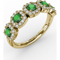 Blossoming Love Ring with Round Emeralds and Diamond Halos by Fana - 0.85 Carat Total Gemstone Weight