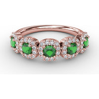 Blossoming Love Ring with Round Emeralds and Diamond Halos by Fana - 0.85 Carat Total Gemstone Weight