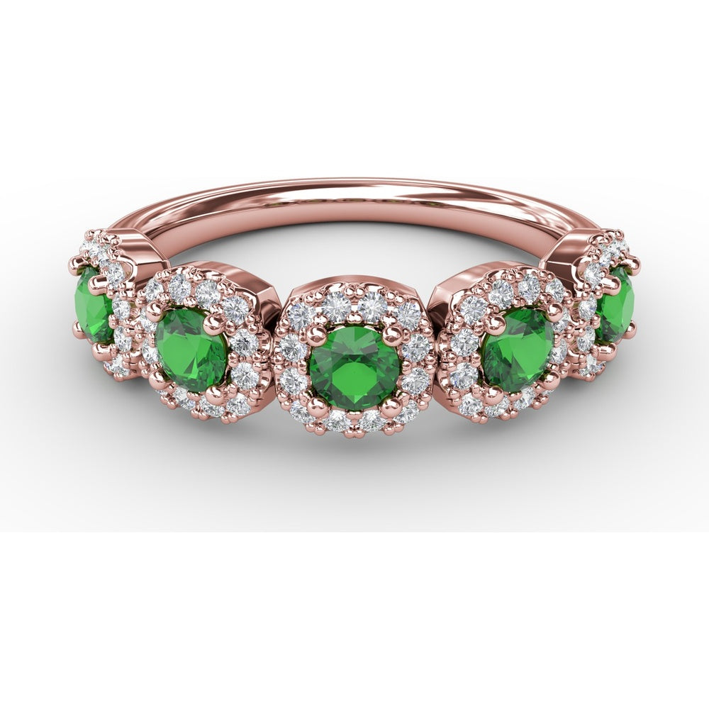 Blossoming Love Ring with Round Emeralds and Diamond Halos by Fana - 0.85 Carat Total Gemstone Weight