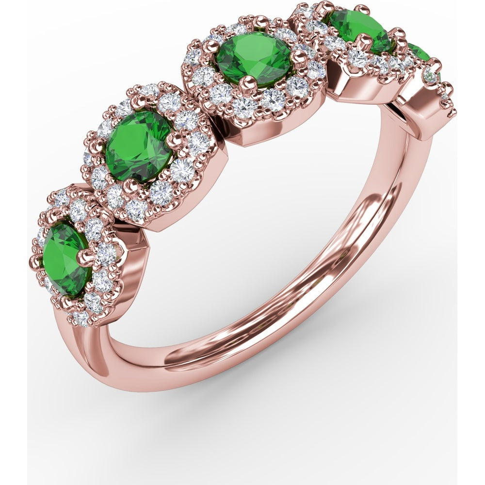 Blossoming Love Ring with Round Emeralds and Diamond Halos by Fana - 0.85 Carat Total Gemstone Weight