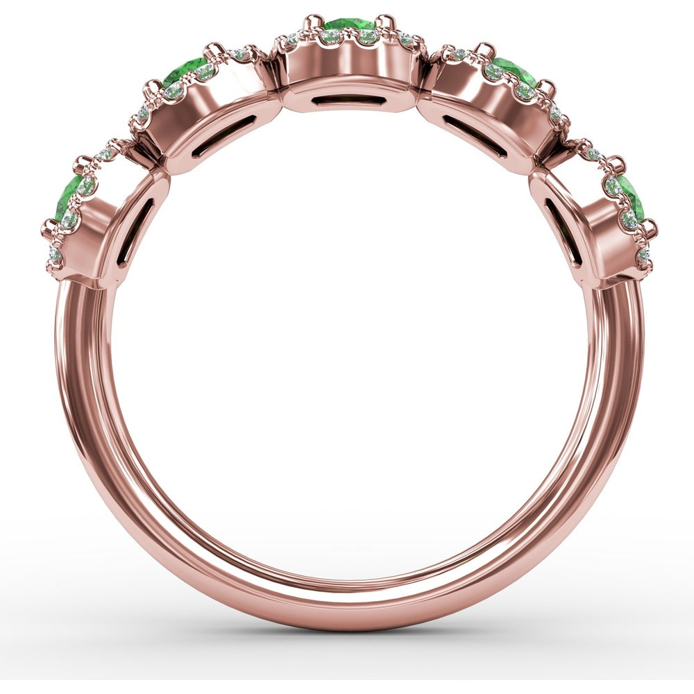 Blossoming Love Ring with Round Emeralds and Diamond Halos by Fana - 0.85 Carat Total Gemstone Weight