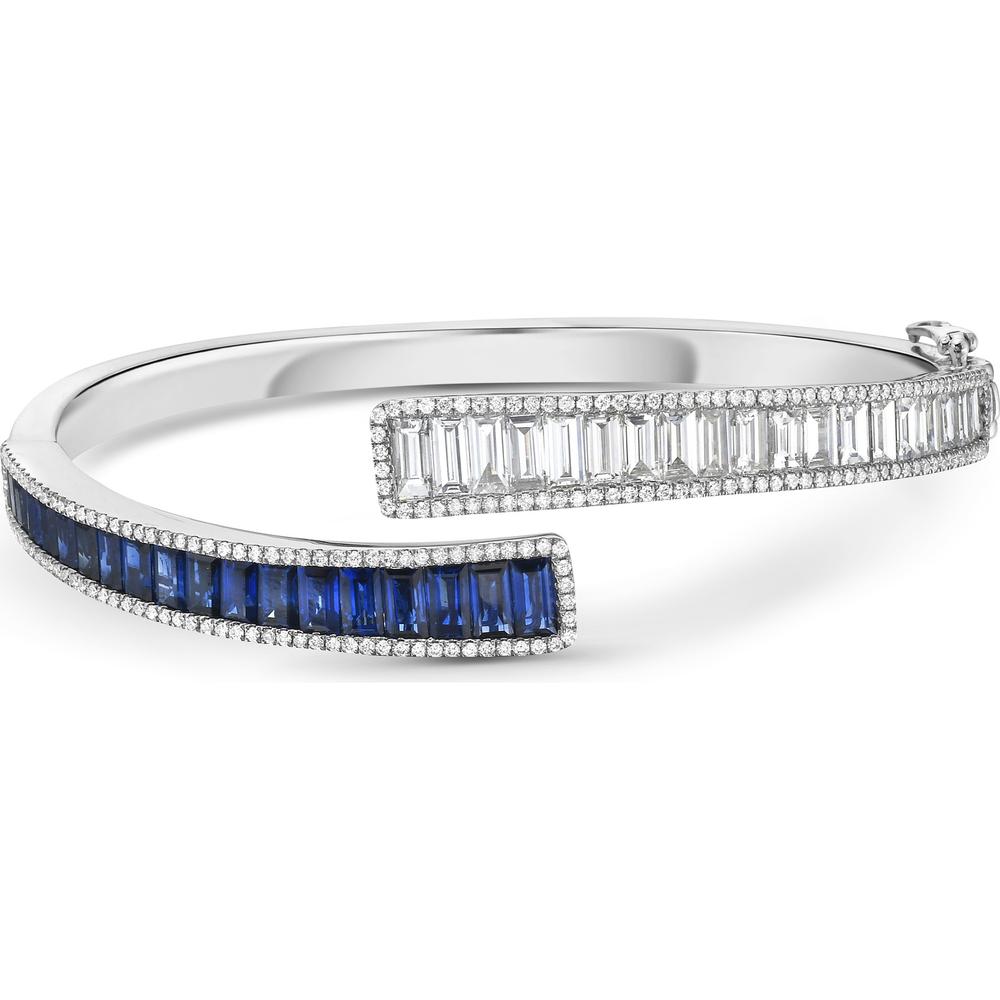 Blue Sapphire and Diamond Baguette Bypass Cuff Bracelet in 18K White Gold by Charles Krypell