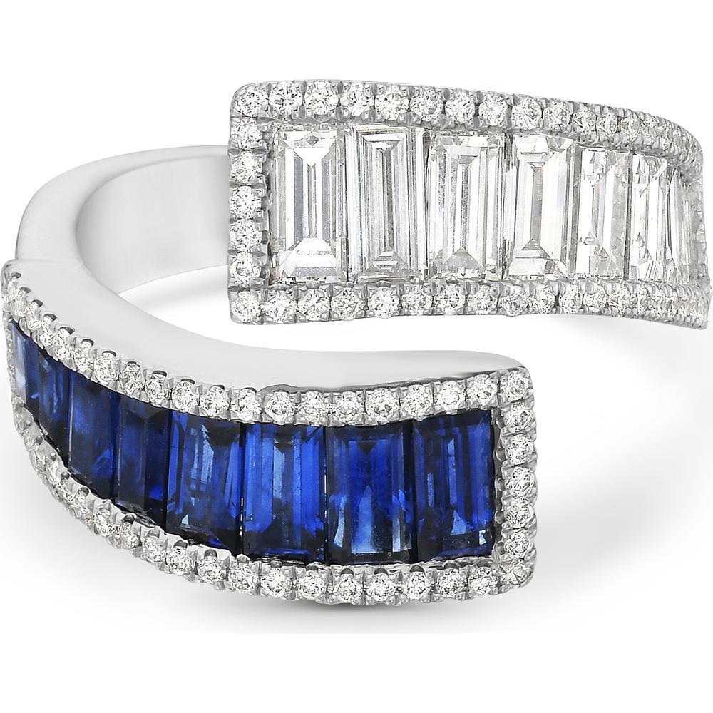 Blue Sapphire and Diamond Baguette Bypass Ring in 18K White Gold by Charles Krypell