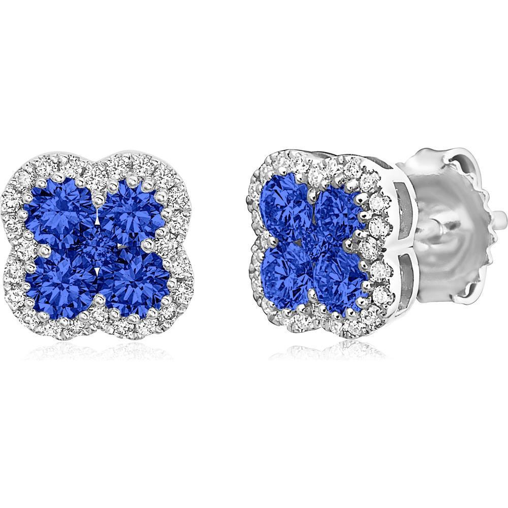 Blue Sapphire and Diamond Clover Stud Earrings in 18K White Gold by Charles Krypell