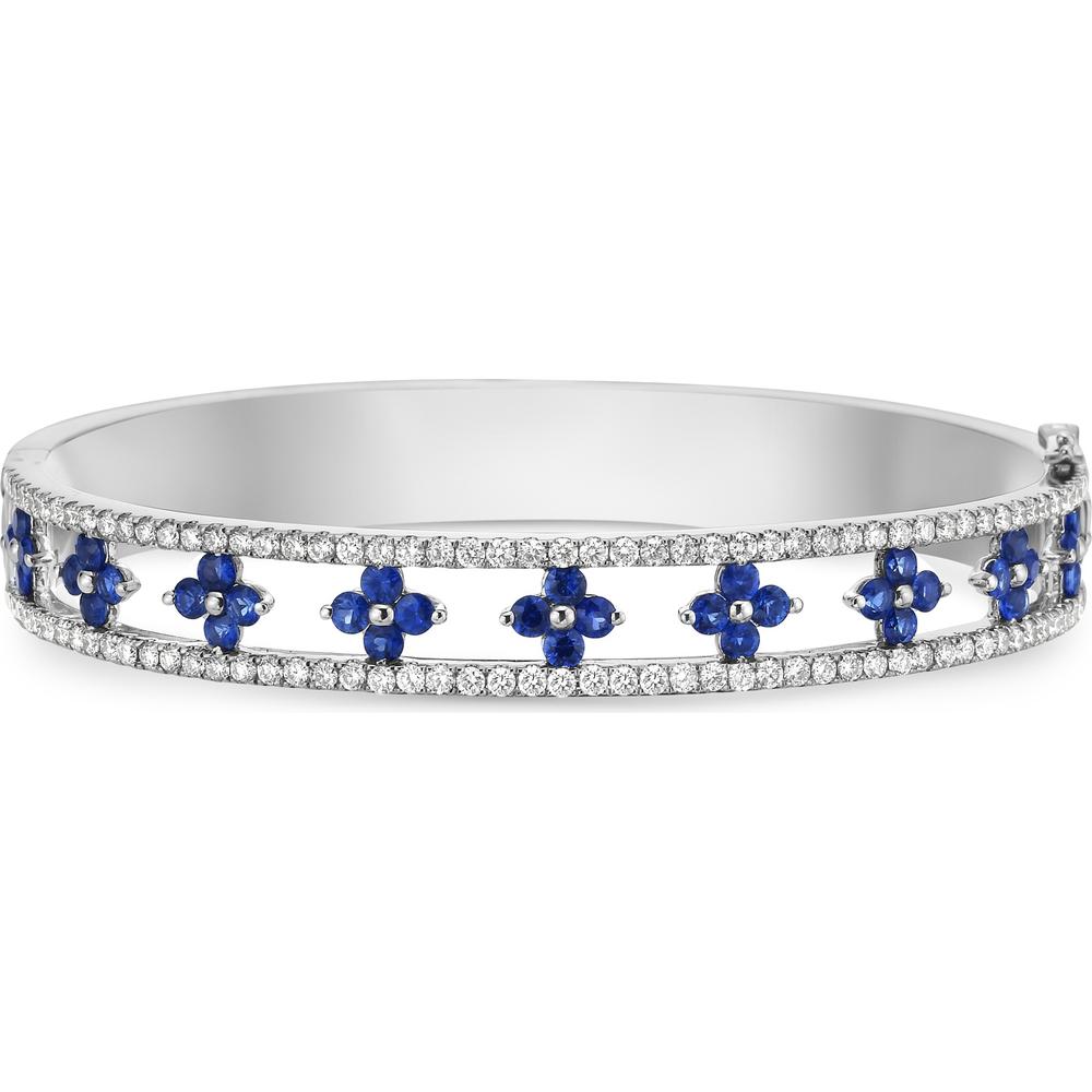 Blue Sapphire and Diamond Floating Clover Bangle Bracelet in 18K White Gold by Charles Krypell