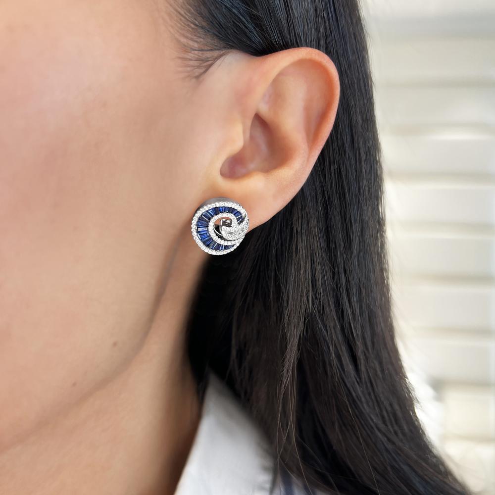 Blue Sapphire and Diamond Nautilus Earrings in 18K White Gold by Charles Krypell