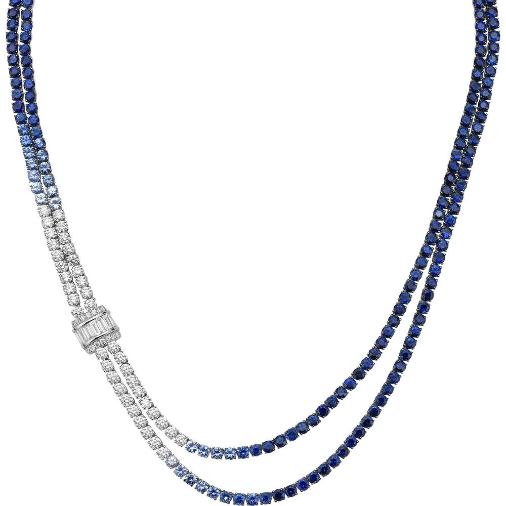 Blue Sapphire and Diamond Ombre Double Drape Necklace in 18K White Gold by Charles Krypell