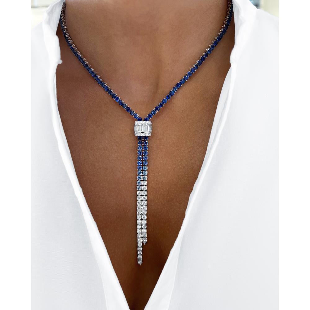 Blue Sapphire and Diamond Signature Blue Ombre Lariat 17" Necklace in 18K White Gold by Charles Krypell
