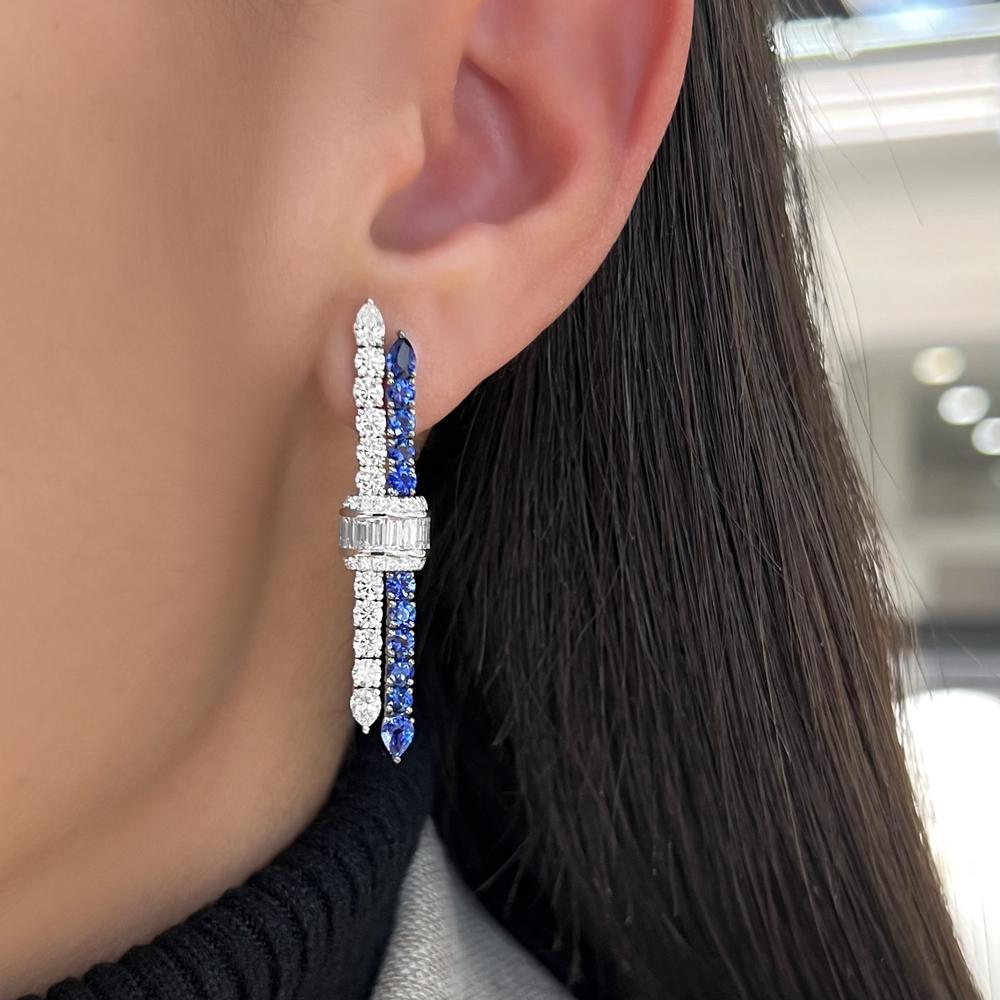 Blue Sapphire and Diamond Signature Pull Earrings in 18K White Gold by Charles Krypell