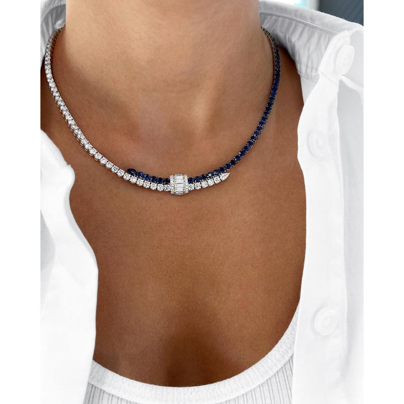 Blue Sapphire and Diamond Signature Pull Necklace in 18K White Gold by Charles Krypell