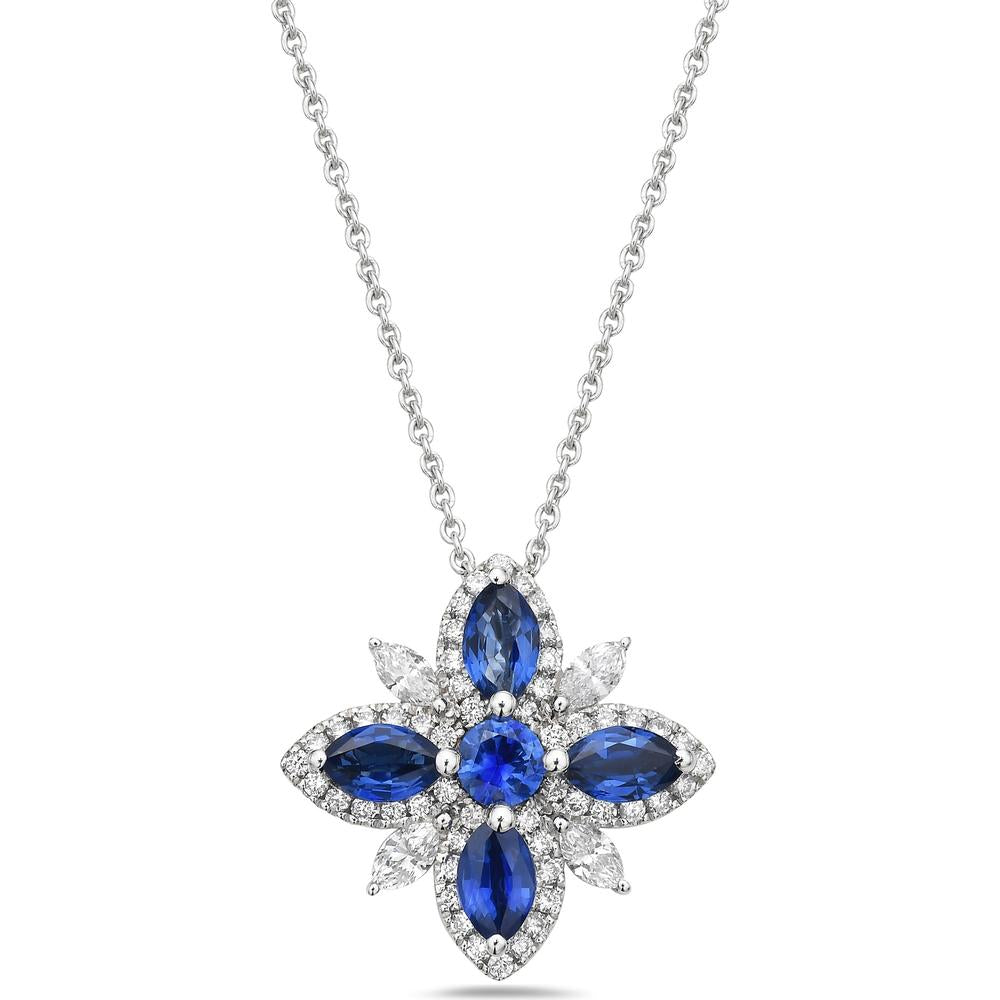 Blue Sapphire and Diamond Starburst Necklace in 18K White Gold by Charles Krypell