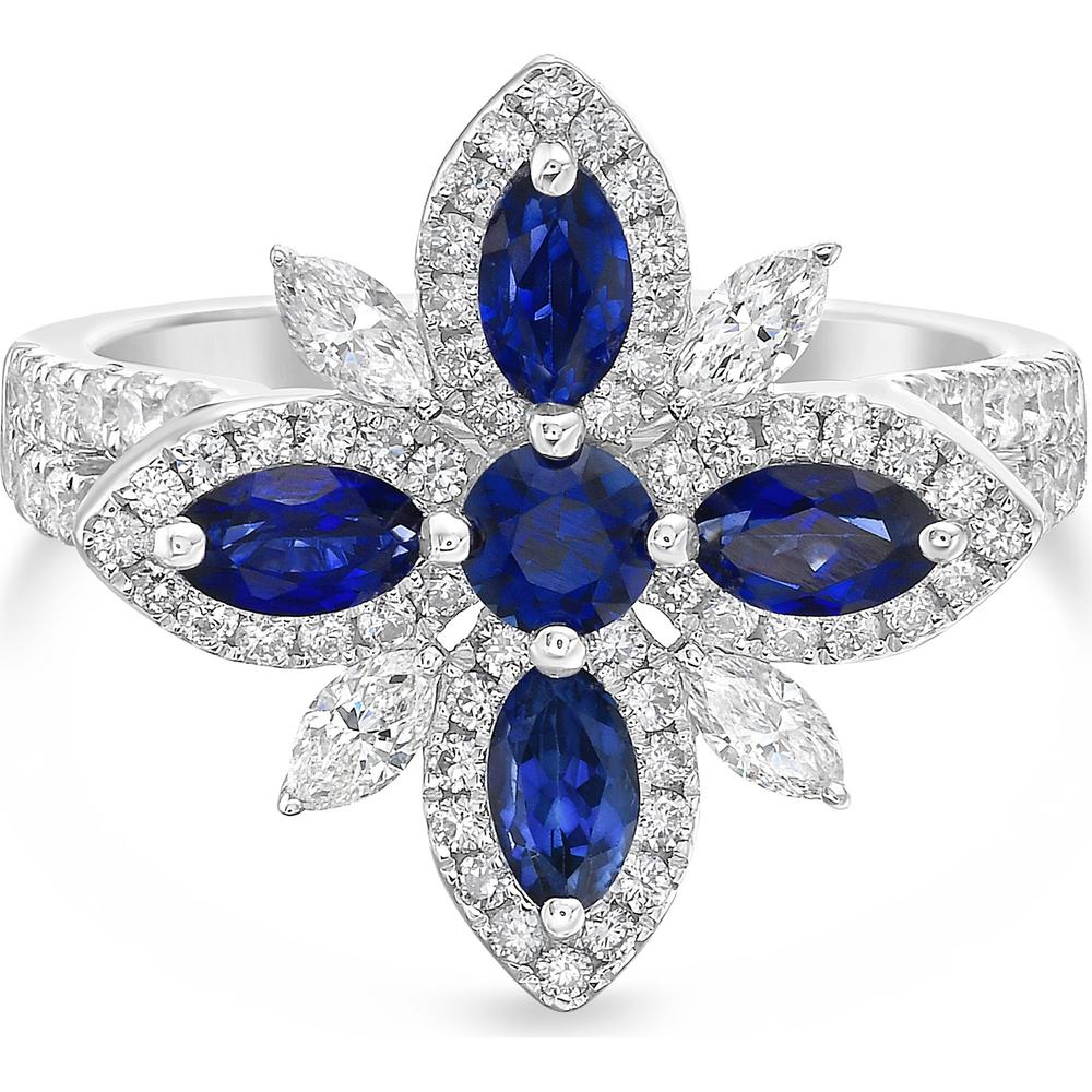 Blue Sapphire and Diamond Starburst Ring in 18K White Gold by Charles Krypell