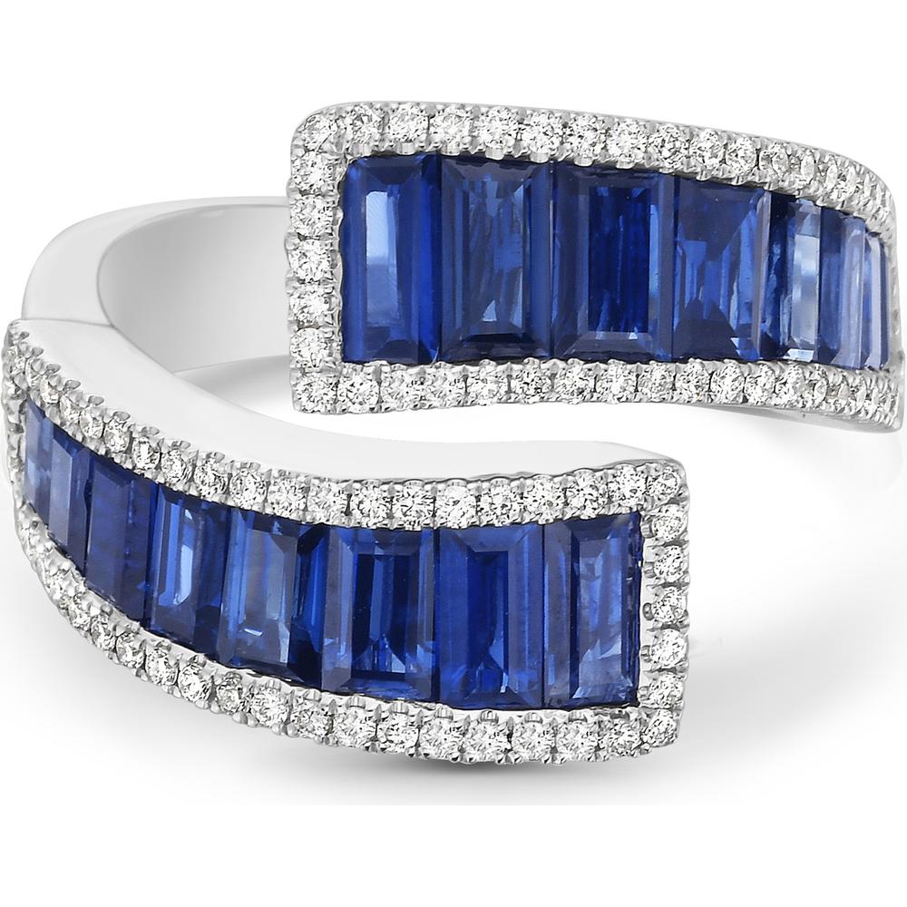 Blue Sapphire Baguette and Diamond Bypass Ring in 18K White Gold by Charles Krypell
