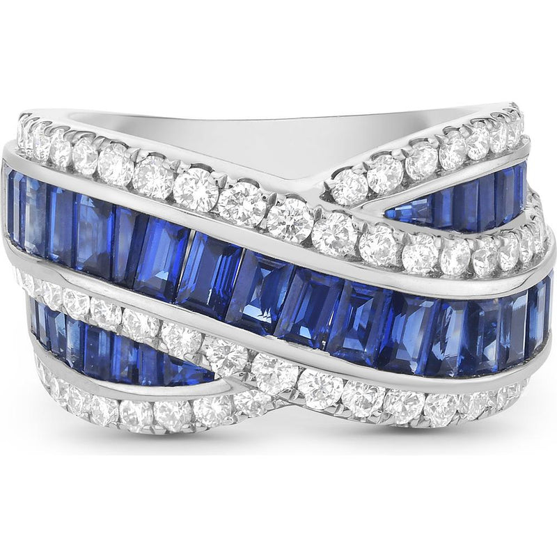 Blue Sapphire Diamond Signature Baguette Crossover Ring in 18K White Gold by Charles Krypell