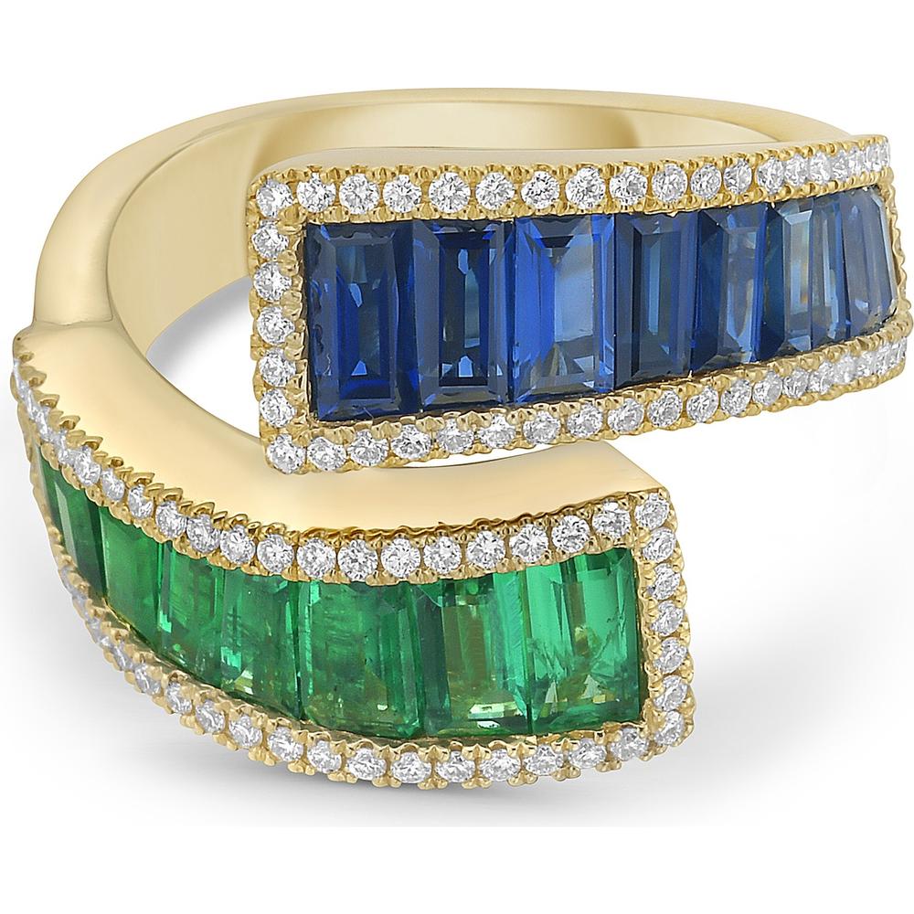 Blue Sapphire, Emerald and Diamond Baguette Bypass Ring in 18K Yellow Gold by Charles Krypell