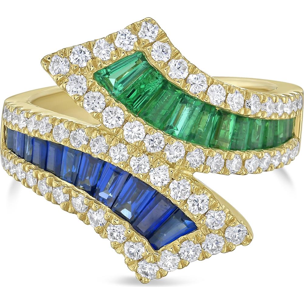 Blue Sapphire, Emerald and Diamond Graduated Baguette Bypass Ring in 18K Yellow Gold by Charles Krypell
