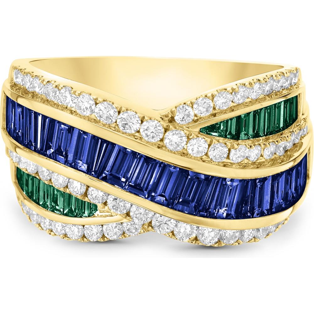 Blue Sapphire, Emerald and Diamond Signature Baguette Crossover Ring in 18K Yellow Gold by Charles Krypell