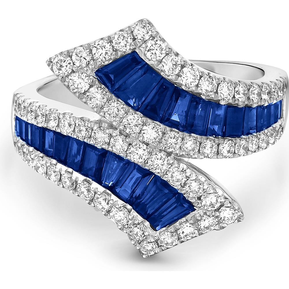 Blue Sapphire Graduated Baguette and Diamond Bypass Ring in 18K White Gold by Charles Krypell