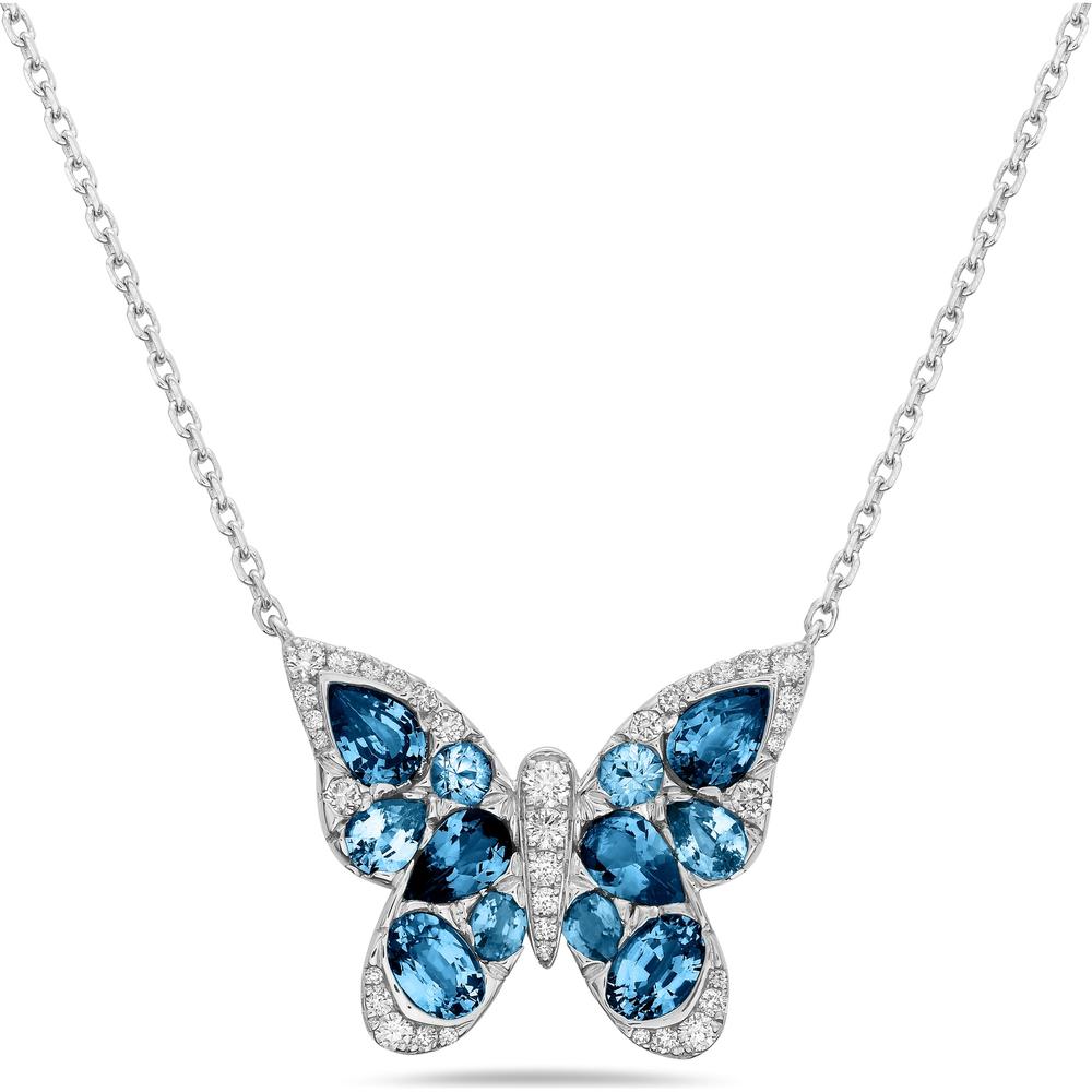 Blue Topaz and Diamond Mosaic Butterfly Necklace in 18K Yellow Gold by Charles Krypell