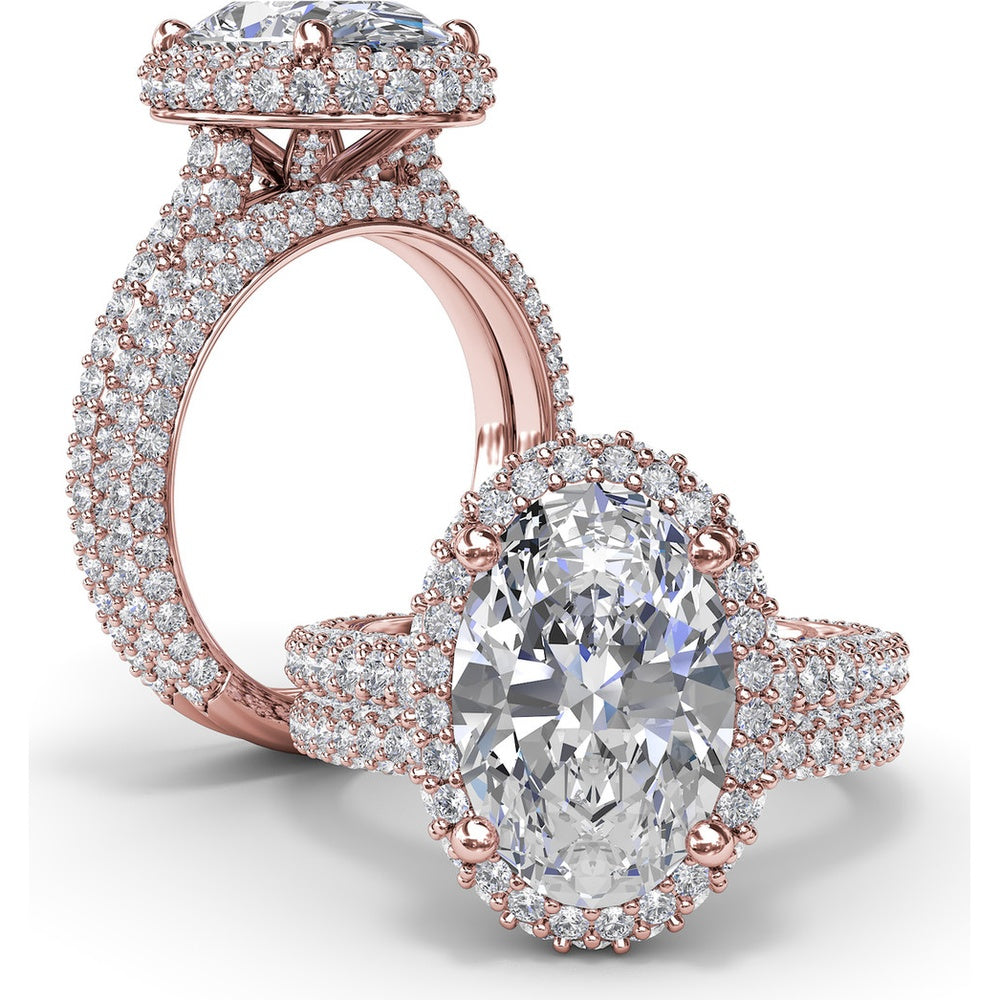 Bold Halo Engagement Ring Setting with Pavé Split Shank and Oval Center Stone Mounting by Fana - 1.56 Carat Total Diamond Weight