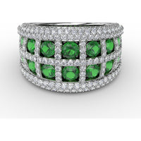 Bold Openwork Band with Round Emeralds and Pavé Diamonds and Milgrain Detail by Fana - 3.11 Carat Total Gemstone Weight