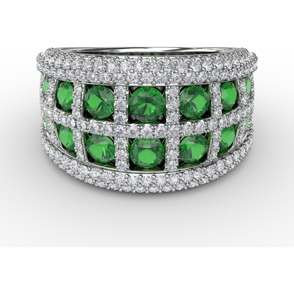 Bold Openwork Band with Round Emeralds and Pavé Diamonds and Milgrain Detail by Fana - 3.11 Carat Total Gemstone Weight