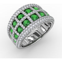 Bold Openwork Band with Round Emeralds and Pavé Diamonds and Milgrain Detail by Fana - 3.11 Carat Total Gemstone Weight