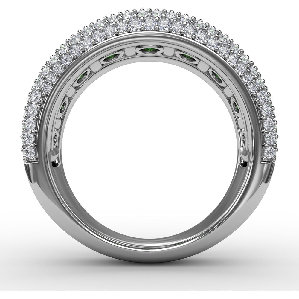 Bold Openwork Band with Round Emeralds and Pavé Diamonds and Milgrain Detail by Fana - 3.11 Carat Total Gemstone Weight
