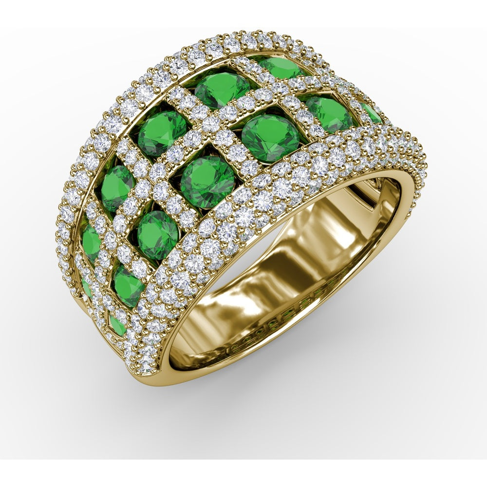 Bold Openwork Band with Round Emeralds and Pavé Diamonds and Milgrain Detail by Fana - 3.11 Carat Total Gemstone Weight
