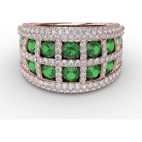 Bold Openwork Band with Round Emeralds and Pavé Diamonds and Milgrain Detail by Fana - 3.11 Carat Total Gemstone Weight