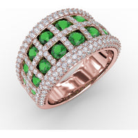 Bold Openwork Band with Round Emeralds and Pavé Diamonds and Milgrain Detail by Fana - 3.11 Carat Total Gemstone Weight