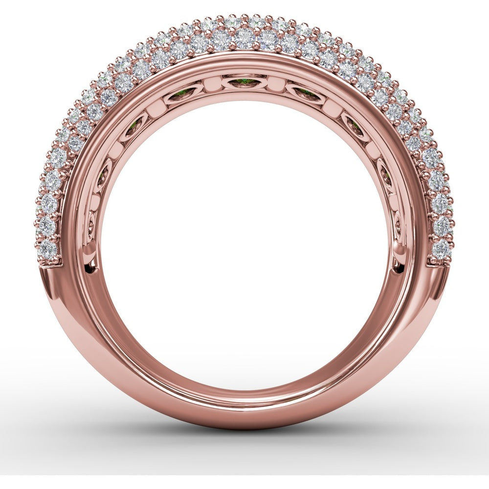 Bold Openwork Band with Round Emeralds and Pavé Diamonds and Milgrain Detail by Fana - 3.11 Carat Total Gemstone Weight