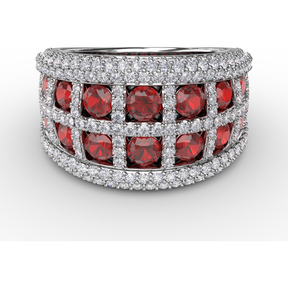 Bold Openwork Ring with Bezel Set Round Rubies and Pavé Diamonds by Fana - 3.48 Carat Total Gemstone Weight