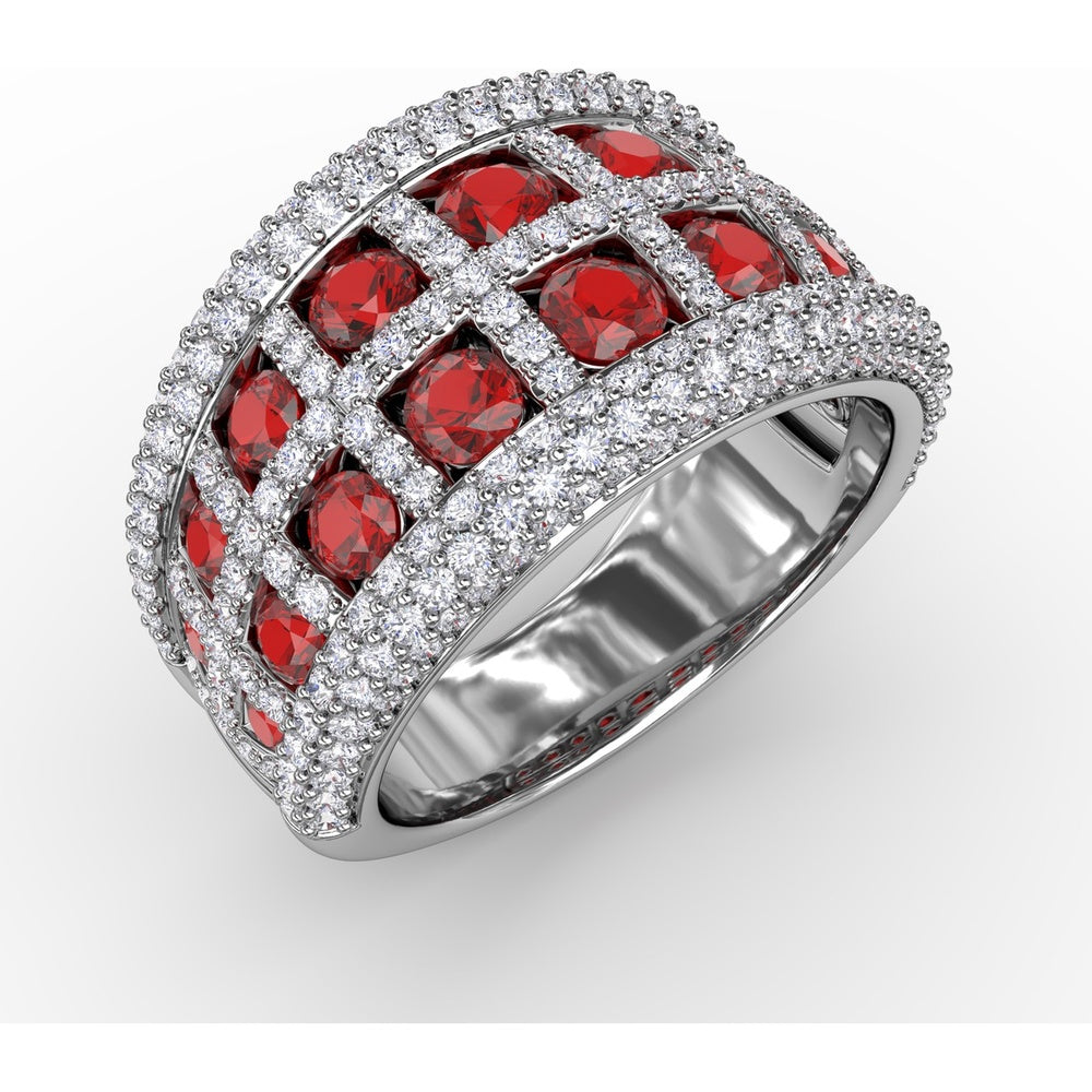 Bold Openwork Ring with Bezel Set Round Rubies and Pavé Diamonds by Fana - 3.48 Carat Total Gemstone Weight