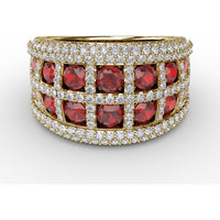 Bold Openwork Ring with Bezel Set Round Rubies and Pavé Diamonds by Fana - 3.48 Carat Total Gemstone Weight