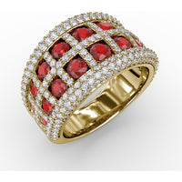 Bold Openwork Ring with Bezel Set Round Rubies and Pavé Diamonds by Fana - 3.48 Carat Total Gemstone Weight