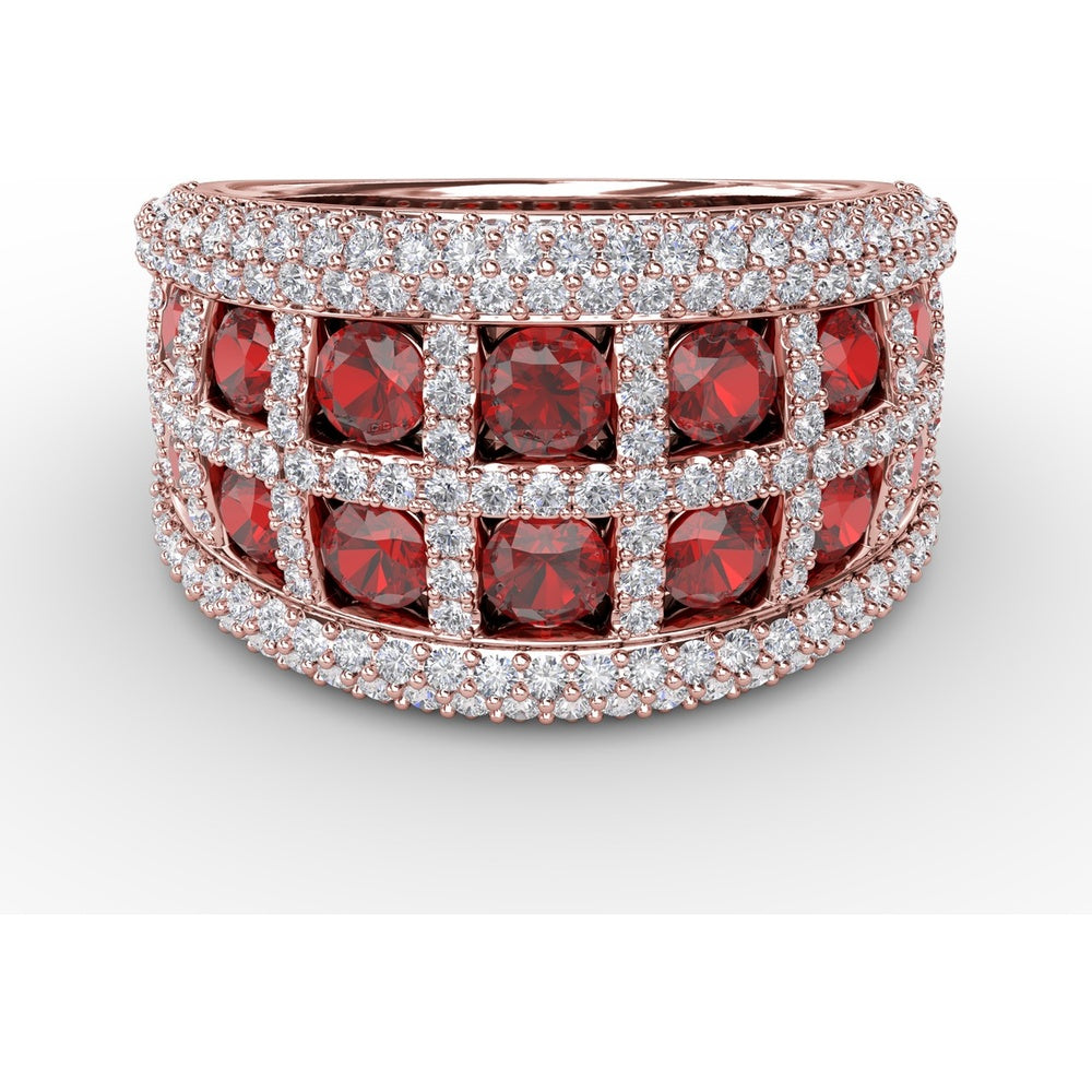 Bold Openwork Ring with Bezel Set Round Rubies and Pavé Diamonds by Fana - 3.48 Carat Total Gemstone Weight