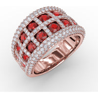Bold Openwork Ring with Bezel Set Round Rubies and Pavé Diamonds by Fana - 3.48 Carat Total Gemstone Weight