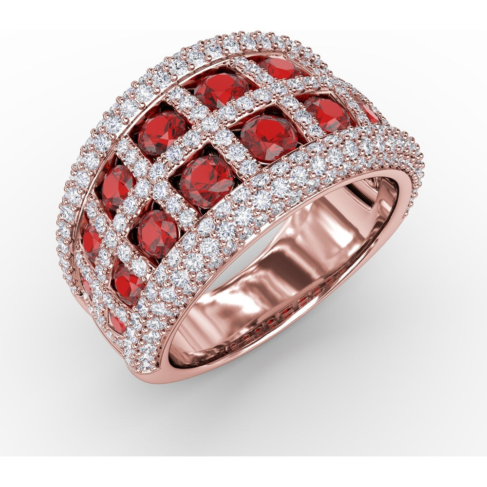 Bold Openwork Ring with Bezel Set Round Rubies and Pavé Diamonds by Fana - 3.48 Carat Total Gemstone Weight